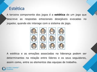 Estética
A terceira componente dos jogos é a estética de um jogo que
descreve as respostas emocionais desejáveis evocadas no
jogador, quando ele interage com o sistema de jogo.
A estética e as emoções associadas na liderança podem ser
determinantes na relação entre líderes e os seus seguidores,
assim como, entre os elementos das equipas de trabalho.
 