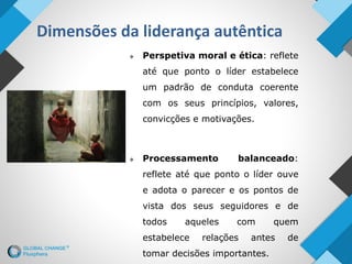 Dimensões da liderança autêntica
 Perspetiva moral e ética: reflete
até que ponto o líder estabelece
um padrão de conduta coerente
com os seus princípios, valores,
convicções e motivações.
 Processamento balanceado:
reflete até que ponto o líder ouve
e adota o parecer e os pontos de
vista dos seus seguidores e de
todos aqueles com quem
estabelece relações antes de
tomar decisões importantes.
 