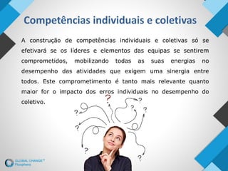 Competências individuais e coletivas
A construção de competências individuais e coletivas só se
efetivará se os líderes e elementos das equipas se sentirem
comprometidos, mobilizando todas as suas energias no
desempenho das atividades que exigem uma sinergia entre
todos. Este comprometimento é tanto mais relevante quanto
maior for o impacto dos erros individuais no desempenho do
coletivo.
 