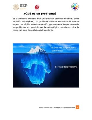 COMPILADOR: M.C.T. JUAN CRISTO REY GARAY LARA 6
¿Qué es un problema?
Es la diferencia existente entre una situación deseada (estándar) y una
situación actual (Real). Un problema suele ser un asunto del que se
espera una rápida y efectiva solución, generalmente lo que vemos de
los problemas son los síntomas, la metodológica permite encontrar la
causa raíz para darle el debido tratamiento.
 