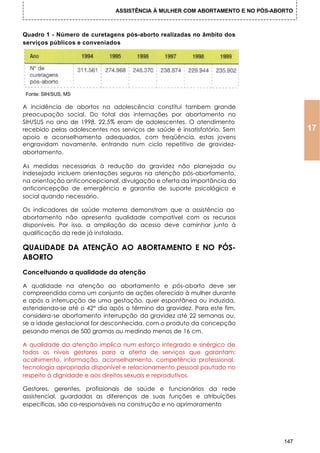 ASSISTÊNCIA À MULHER COM ABORTAMENTO E NO PÓS-ABORTO



Quadro 1 - Número de curetagens pós-aborto realizadas no âmbito dos
serviços públicos e conveniados




Fonte: SIH/SUS, MS

A incidência de abortos na adolescência constitui tambem grande
preocupação social. Do total das internações por abortamento no
SIH/SUS no ano de 1998, 22,5% eram de adolescentes. O atendimento
recebido pelas adolescentes nos serviços de saúde é insatisfatório. Sem              17
apoio e aconselhamento adequados, com freqüência, estas jovens
engravidam novamente, entrando num ciclo repetitivo de gravidez-
abortamento.

As medidas necessarias à redução da gravidez não planejada ou
indesejada incluem orientações seguras na atenção pós-abortamento,
na orientação anticoncepcional, divulgação e oferta da importância da
anticoncepção de emergência e garantia de suporte psicológico e
social quando necessário.

Os indicadores de saúde materna demonstram que a assistência ao
abortamento não apresenta qualidade compatível com os recursos
disponíveis. Por isso, a ampliação do acesso deve caminhar junto à
qualificação da rede já instalada.

QUALIDADE DA ATENÇÃO AO ABORTAMENTO E NO PÓS-
ABORTO
Conceituando a qualidade da atenção

A qualidade na atenção ao abortamento e pós-aborto deve ser
compreendida como um conjunto de ações oferecido à mulher durante
e após a interrupção de uma gestação, quer espontânea ou induzida,
estendendo-se até o 42° dia após o término da gravidez. Para este fim,
considera-se abortamento interrupção da gravidez até 22 semanas ou,
se a idade gestacional for desconhecida, com o produto da concepção
pesando menos de 500 gramas ou medindo menos de 16 cm.

A qualidade da atenção implica num esforço integrado e sinérgico de
todos os níveis gestores para a oferta de serviços que garantam:
acolhimento, informação, aconselhamento, competência professional,
tecnologia apropriada disponível e relacionamento pessoal pautado no
respeito à dignidade e aos direitos sexuais e reprodutivos.

Gestores, gerentes, profissionais de saúde e funcionários da rede
assistencial, guardadas as diferenças de suas funções e atribuições
específicas, são co-responsáveis na construção e no aprimoramento




                                                                               147
 