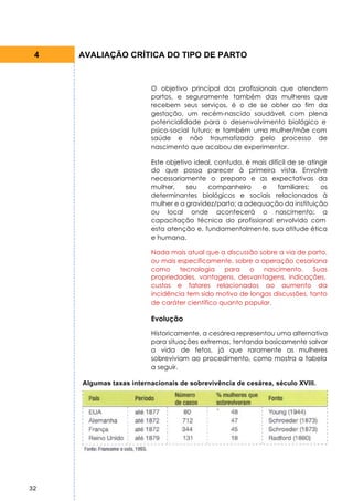 4   AVALIAÇÃO CRÍTICA DO TIPO DE PARTO


                         O objetivo principal dos profissionais que atendem
                         partos, e seguramente também das mulheres que
                         recebem seus serviços, é o de se obter ao fim da
                         gestação, um recém-nascido saudável, com plena
                         potencialidade para o desenvolvimento biológico e
                         psico-social futuro; e também uma mulher/mãe com
                         saúde e não traumatizada pelo processo de
                         nascimento que acabou de experimentar.

                         Este objetivo ideal, contudo, é mais difícil de se atingir
                         do que possa parecer à primeira vista. Envolve
                         necessariamente o preparo e as expectativas da
                         mulher,     seu   companheiro     e      familiares;   os
                         determinantes biológicos e sociais relacionados à
                         mulher e a gravidez/parto; a adequação da instituição
                         ou local onde acontecerá o nascimento; a
                         capacitação técnica do profissional envolvido com
                         esta atenção e, fundamentalmente, sua atitude ética
                         e humana.

                         Nada mais atual que a discussão sobre a via de parto,
                         ou mais especificamente, sobre a operação cesariana
                         como     tecnologia    para   o   nascimento.     Suas
                         propriedades, vantagens, desvantagens, indicações,
                         custos e fatores relacionados ao aumento da
                         incidência tem sido motivo de longas discussões, tanto
                         de caráter científico quanto popular.

                         Evolução

                         Historicamente, a cesárea representou uma alternativa
                         para situações extremas, tentando basicamente salvar
                         a vida de fetos, já que raramente as mulheres
                         sobreviviam ao procedimento, como mostra a tabela
                         a seguir.

     Algumas taxas internacionais de sobrevivência de cesárea, século XVIII.




32
 