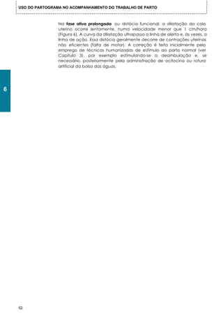 USO DO PARTOGRAMA NO ACOMPANHAMENTO DO TRABALHO DE PARTO



                    Na fase ativa prolongada ou distócia funcional, a dilatação do colo
                    uterino ocorre lentamente, numa velocidade menor que 1 cm/hora
                    (Figura 6). A curva da dilatação ultrapassa a linha de alerta e, ás vezes, a
                    linha de ação. Essa distócia geralmente decorre de contrações uterinas
                    não eficientes (falta de motor). A correção é feita inicialmente pelo
                    emprego de técnicas humanizadas de estímulo ao parto normal (ver
                    Capítulo 3), por exemplo estimulando-se a deambulação e, se
                    necessário, posteriormente pela administração de ocitocina ou rotura
                    artificial da bolsa das águas.




6




    52
 