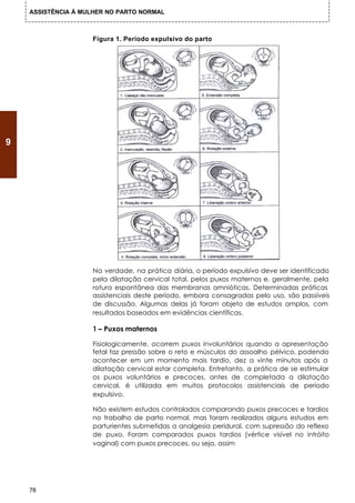 ASSISTÊNCIA À MULHER NO PARTO NORMAL



                    Figura 1. Período expulsivo do parto




9




                    Na verdade, na prática diária, o período expulsivo deve ser identificado
                    pela dilatação cervical total, pelos puxos maternos e, geralmente, pela
                    rotura espontânea das membranas amnióticas. Determinadas práticas
                    assistenciais deste período, embora consagradas pelo uso, são passíveis
                    de discussão. Algumas delas já foram objeto de estudos amplos, com
                    resultados baseados em evidências científicas.

                    1 – Puxos maternos

                    Fisiologicamente, ocorrem puxos involuntários quando a apresentação
                    fetal faz pressão sobre o reto e músculos do assoalho pélvico, podendo
                    acontecer em um momento mais tardio, dez a vinte minutos após a
                    dilatação cervical estar completa. Entretanto, a prática de se estimular
                    os puxos voluntários e precoces, antes de completada a dilatação
                    cervical, é utilizada em muitos protocolos assistenciais de período
                    expulsivo.

                    Não existem estudos controlados comparando puxos precoces e tardios
                    no trabalho de parto normal, mas foram realizados alguns estudos em
                    parturientes submetidas a analgesia peridural, com supressão do reflexo
                    de puxo. Foram comparados puxos tardios (vértice visível no intróito
                    vaginal) com puxos precoces, ou seja, assim




    78
 