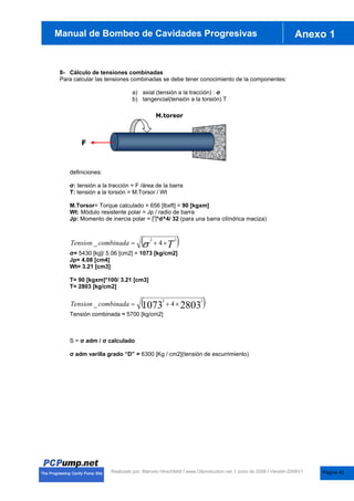 anual de Bombas de Cavidades Progresivas Anexo 1
Manual de Bombeo de Cavidades Progresivas
Realizado por. Marcelo Hirschfeldt I www.Oilproduction.net I Junio de 2008 I Versión-2008V1
8- Cálculo de tensiones combinadas
Para calcular las tensiones combinadas se debe tener conocimiento de la componentes:
a) axial (tensión a la tracción) : ı
b) tangencial(tensión a la torsión) T
definiciones:
ı: tensión a la tracción = F /área de la barra
T: tensión a la torsión = M.Torsor / Wt
M.Torsor= Torque calculado = 656 [lbxft] = 90 [kgxm]
Wt: Módulo resistente polar = Jp / radio de barra
Jp: Momento de inercia polar = š*d^4/ 32 (para una barra cilíndrica maciza)
  