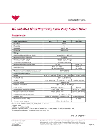 Weatherford International Ltd.
515 Post Oak Blvd., Suite 600
Houston, Texas 77027 USA
Tel: 713.693.4000
www.weatherford.com
$UWL¿FLDO/LIW6VWHPV
Weatherford’s MG and MG-I direct drives are proven
SRZHUKRXVHVLQ:HDWKHUIRUGSURJUHVVLQJFDYLWSXPS
33 