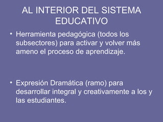 AL INTERIOR DEL SISTEMA EDUCATIVO Herramienta pedagógica (todos los subsectores) para activar y volver más ameno el proceso de aprendizaje. Expresión Dramática (ramo) para desarrollar integral y creativamente a los y las estudiantes. 