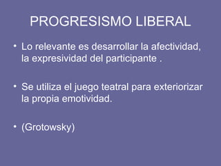 PROGRESISMO LIBERAL Lo relevante es desarrollar la afectividad, la expresividad del participante . Se utiliza el juego teatral para exteriorizar la propia emotividad. (Grotowsky) 