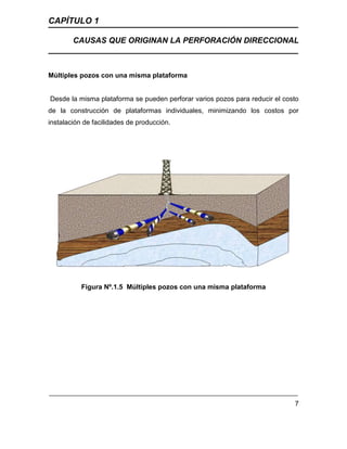 CAPÍTULO 1
CAUSAS QUE ORIGINAN LA PERFORACIÓN DIRECCIONAL
7
Múltiples pozos con una misma plataforma
Desde la misma plataforma se pueden perforar varios pozos para reducir el costo
de la construcción de plataformas individuales, minimizando los costos por
instalación de facilidades de producción.
Figura Nº.1.5 Múltiples pozos con una misma plataforma
 
