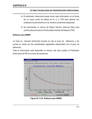CAPITULO 9
ÚLTIMA TECNOLOGÍA EN PERFORACIÓN DIRECCIONAL
111
4) El perforador direccional puede tomar esta información en la forma
de un nuevo punto de enlace en N, E, y TVD para planear con
antelación la permanencia en la ventana (cuadrante) designada.
5) Se recomienda un sensor de Rayos Gamma (Gamma Ray) para
control adicional sobre la Profundidad Vertical Verdadera (TVD).
Software para RMRS
La Vista en Sección Horizontal muestra en rojo el pozo de referencia, y los
puntos en verde son las coordenadas registradas relacionadas con el pozo de
referencia.
Toda la información está disponible en tiempo real para auxiliar al Perforador
Direccional de PD en la toma de decisiones.
Figura Nº. 9.16 Software para RMRS
 
