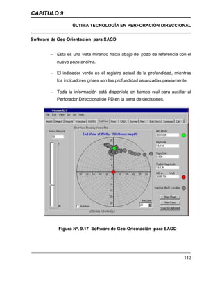 CAPITULO 9
ÚLTIMA TECNOLOGÍA EN PERFORACIÓN DIRECCIONAL
112
Software de Geo-Orientación para SAGD
– Esta es una vista mirando hacia abajo del pozo de referencia con el
nuevo pozo encima.
– El indicador verde es el registro actual de la profundidad, mientras
los indicadores grises son las profundidad alcanzadas previamente.
– Toda la información está disponible en tiempo real para auxiliar al
Perforador Direccional de PD en la toma de decisiones.
Figura Nº. 9.17 Software de Geo-Orientación para SAGD
 