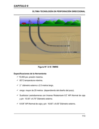 CAPITULO 9
ÚLTIMA TECNOLOGÍA EN PERFORACIÓN DIRECCIONAL
113
Figura Nº. 9.18 RMRS
Especificaciones de la Herramienta
 15,000 psi. presión máxima.
 85°C temperatura máxima.
 2 “ diámetro externo x 2.5 metros largo.
 rango: mayor de 20 metros (dependiendo del diseño del pozo).
 Sustitutos Lastrabarrenas con Imanes Rotatorios4-1/2” API Normal de caja
y pin 15.50” x 6.75” Diámetro externo.
 6-5/8” API Normal de caja y pin 16.60” x 8.00” Diámetro externo.
 