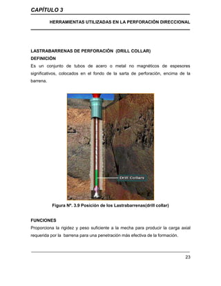 CAPÍTULO 3
HERRAMIENTAS UTILIZADAS EN LA PERFORACIÓN DIRECCIONAL
23
LASTRABARRENAS DE PERFORACIÓN (DRILL COLLAR)
DEFINICIÓN
Es un conjunto de tubos de acero o metal no magnéticos de espesores
significativos, colocados en el fondo de la sarta de perforación, encima de la
barrena.
Figura Nº. 3.9 Posición de los Lastrabarrenas(drill collar)
FUNCIONES
Proporciona la rigidez y peso suficiente a la mecha para producir la carga axial
requerida por la barrena para una penetración más efectiva de la formación.
 