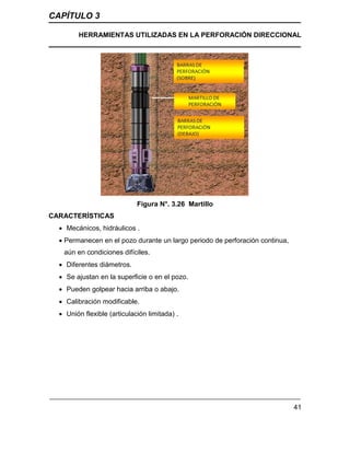 CAPÍTULO 3
HERRAMIENTAS UTILIZADAS EN LA PERFORACIÓN DIRECCIONAL
41
Figura N°. 3.26 Martillo
CARACTERÍSTICAS
 Mecánicos, hidráulicos .
 Permanecen en el pozo durante un largo periodo de perforación continua,
aún en condiciones difíciles.
 Diferentes diámetros.
 Se ajustan en la superficie o en el pozo.
 Pueden golpear hacia arriba o abajo.
 Calibración modificable.
 Unión flexible (articulación limitada) .
 