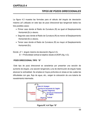 CAPÍTULO 4
TIPOS DE POZOS DIRECCIONALES
58
La figura 4.3 muestra las formulas para el cálculo del ángulo de desviación
máximo (aº) utilizado en este tipo de pozo direccional tipo tangencial dados los
tres posibles casos:
 Primer caso donde el Radio de Curvatura (R) es igual al Desplazamiento
Horizontal (D3) o desvio.
 Segundo caso donde el Radio de Curvatura (R) es menor al Desplazamiento
Horizontal (D3) o desvio.
 Tercer caso donde el Radio de Curvatura (R) es mayor al Desplazamiento
Horizontal (D3).
Donde aº = ángulo máximo de desviación (figura 4.3).
D = Profundidad vertical al objetivo desde el (KOP) (fig. 4.3).
POZO DIRECCIONAL TIPO “S”
Este tipo de pozo direccional se caracteriza por presentar una sección de
aumento de ángulo, una sección tangencial y una de disminución de ángulo hasta
alcanzar la verticalidad. Se emplea en hoyos profundos en áreas en las cuales las
dificultades con gas, flujo de agua, etc., exigen la colocación de una tubería de
revestimiento intermedia.
Figura Nº. 4.4 Tipo “S”
 