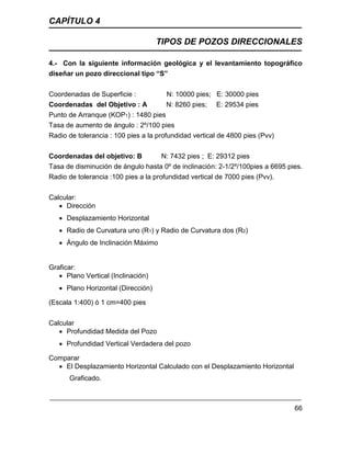 CAPÍTULO 4
TIPOS DE POZOS DIRECCIONALES
66
4.- Con la siguiente información geológica y el levantamiento topográfico
diseñar un pozo direccional tipo “S”
Coordenadas de Superficie : N: 10000 pies; E: 30000 pies
Coordenadas del Objetivo : A N: 8260 pies; E: 29534 pies
Punto de Arranque (KOP1) : 1480 pies
Tasa de aumento de ángulo : 2º/100 pies
Radio de tolerancia : 100 pies a la profundidad vertical de 4800 pies (Pvv)
Coordenadas del objetivo: B N: 7432 pies ; E: 29312 pies
Tasa de disminución de ángulo hasta 0º de inclinación: 2-1/2º/100pies a 6695 pies.
Radio de tolerancia :100 pies a la profundidad vertical de 7000 pies (Pvv).
Calcular:
 Dirección
 Desplazamiento Horizontal
 Radio de Curvatura uno (R1) y Radio de Curvatura dos (R2)
 Ángulo de Inclinación Máximo
Graficar:
 Plano Vertical (Inclinación)
 Plano Horizontal (Dirección)
(Escala 1:400) ó 1 cm=400 pies
Calcular
 Profundidad Medida del Pozo
 Profundidad Vertical Verdadera del pozo
Comparar
 El Desplazamiento Horizontal Calculado con el Desplazamiento Horizontal
Graficado.
 