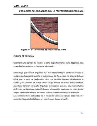 CAPITULO 8
PROBLEMAS RELACIONADOS CON LA PERFORACIÓN DIRECCIONAL
91
Figura N°. 8.4 Problemas de circulación de lodos
FUERZA DE FRICCIÓN
Solamente una porción del peso de la sarta de perforación se tiene disponible para
mover las herramientas en hoyos de alto ángulo.
En un hoyo que tiene un ángulo de 70°, más del noventa por ciento del peso de la
sarta de perforación lo soporta el lado inferior del hoyo. Esto no solamente hace
difícil girar la sarta de perforación, sino que también desgasta rápidamente la
tubería y sus uniones. Se puede formar un ojo de llave en el lado inferior del hoyo
cuando se perforan hoyos alto ángulo en formaciones blandas. Esta misma fuerza
de fricción también hace más difícil correr el revestidor dentro de un hoyo de alto
ángulo y esto debe tenerse en cuenta cuando se esté diseñando el revestidor.
Los centralizadores colocados en el revestidor ayudan a reducir esta fricción y
aumentan las probabilidades de un buen trabajo de cementación.
 