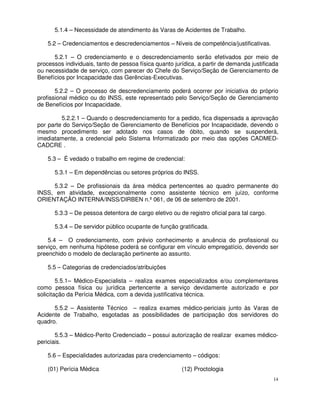 5.1.4 – Necessidade de atendimento às Varas de Acidentes de Trabalho.

    5.2 – Credenciamentos e descredenciamentos – Níveis de competência/justificativas.

      5.2.1 – O credenciamento e o descredenciamento serão efetivados por meio de
processos individuais, tanto de pessoa física quanto jurídica, a partir de demanda justificada
ou necessidade de serviço, com parecer do Chefe do Serviço/Seção de Gerenciamento de
Benefícios por Incapacidade das Gerências-Executivas.

       5.2.2 – O processo de descredenciamento poderá ocorrer por iniciativa do próprio
profissional médico ou do INSS, este representado pelo Serviço/Seção de Gerenciamento
de Benefícios por Incapacidade.

         5.2.2.1 – Quando o descredenciamento for a pedido, fica dispensada a aprovação
por parte do Serviço/Seção de Gerenciamento de Benefícios por Incapacidade, devendo o
mesmo procedimento ser adotado nos casos de óbito, quando se suspenderá,
imediatamente, a credencial pelo Sistema Informatizado por meio das opções CADMED-
CADCRE .

    5.3 – É vedado o trabalho em regime de credencial:

      5.3.1 – Em dependências ou setores próprios do INSS.

     5.3.2 – De profissionais da área médica pertencentes ao quadro permanente do
INSS, em atividade, excepcionalmente como assistente técnico em juízo, conforme
ORIENTAÇÃO INTERNA/INSS/DIRBEN n.º 061, de 06 de setembro de 2001.

      5.3.3 – De pessoa detentora de cargo eletivo ou de registro oficial para tal cargo.

      5.3.4 – De servidor público ocupante de função gratificada.

    5.4 – O credenciamento, com prévio conhecimento e anuência do profissional ou
serviço, em nenhuma hipótese poderá se configurar em vínculo empregatício, devendo ser
preenchido o modelo de declaração pertinente ao assunto.

    5.5 – Categorias de credenciados/atribuições

        5.5.1– Médico-Especialista – realiza exames especializados e/ou complementares
como pessoa física ou jurídica pertencente a serviço devidamente autorizado e por
solicitação da Perícia Médica, com a devida justificativa técnica.

      5.5.2 – Assistente Técnico – realiza exames médico-periciais junto às Varas de
Acidente de Trabalho, esgotadas as possibilidades de participação dos servidores do
quadro.

       5.5.3 – Médico-Perito Credenciado – possui autorização de realizar exames médico-
periciais.

    5.6 – Especialidades autorizadas para credenciamento – códigos:

    (01) Perícia Médica                                 (12) Proctologia
                                                                                            14
 
