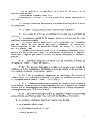 c) ato de imprudência, de negligência ou de imperícia de terceiro, ou de
companheiro de trabalho;
         d) ato de pessoa privada do uso da razão;
         e) desabamento, inundação, incêndio e outros casos fortuitos decorrentes de
força maior.

         III – A doença proveniente de contaminação acidental do empregado no exercício
de sua atividade;

         IV – O acidente sofrido, ainda que fora do local e horário de trabalho:

          a) na execução de ordem ou na realização de serviços sob a autoridade da
empresa;
          b) na prestação espontânea de qualquer serviço à empresa para lhe evitar
prejuízo ou proporcionar proveito;
          c) em viagens a serviço da empresa, inclusive para estudo, quando financiada
por esta, dentro de seus planos para melhor capacitação de mão-de-obra,
independentemente do meio de locomoção utilizado, até mesmo com veículo de
propriedade do segurado;
          d) no percurso da residência para o local de trabalho ou deste para aquela,
qualquer que seja o meio de locomoção, inclusive veículo de propriedade do segurado,
desde que o segurado por interesse pessoal não tenha interrompido ou alterado o
percurso.

          1.1.3.1 – Entende-se por percurso o trajeto usual da residência ou do local de
refeição para o trabalho, ou deste para aqueles.

         1.1.3.2 – Nos períodos destinados à refeição ou descanso, ou por ocasião de
satisfação de outras necessidades fisiológicas, no local de trabalho ou durante este, o
empregado é considerado no exercício do trabalho.

         1.1.3.3 – Não é considerado agravamento ou complicação de acidente de
trabalho a lesão que, resultante de acidente de outra origem, se associe ou se superponha
às conseqüências do anterior- § 2º do Art. 21 da Lei 8.213/91.

          1.1.3.4 – Considerar-se-á como dia do acidente, no caso de doença profissional
ou de trabalho, a data de início da incapacidade laborativa para o exercício da atividade
habitual, ou o dia da segregação compulsória, ou o dia em que for realizado o diagnóstico,
valendo para esse efeito o que ocorrer primeiro.

         1.1.3.5 – Será considerado agravamento de acidente de trabalho aquele sofrido
pelo acidentado quando estiver sob a responsabilidade da Reabilitação Profissional.

   1.2 – As prestações relativas ao acidente do trabalho serão devidas:

      a) ao empregado urbano e rural;

      b) ao trabalhador avulso urbano e rural;

      c) ao segurado especial.

                                                                                        52
 