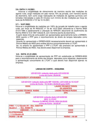 2.6 - DATA 11.10.2001:
           Inicia-se a exigibilidade de oferecimento de memória escrita das medições do
       agente ruído, exige medições em pelo menos 75% da jornada, com memória escrita
       da dosimetria, bem como exige realizações de medições de agentes químicos com
       tomadas intervaladas a cada 20 minutos num mínimo de dez medições por força do
       texto da IN INSS/DC nº 57 de 10.10.2001.

       2.7 – 18.07.2002:
       Inicia-se a exigibilidade de medições em 100% da jornada de trabalho para o agente
       ruído, por força da IN INSS/DC nº 78 de 16.07.2002 utilizando-se a Norma ANSI
       S12.6-1984 e optativamente a utilização do NRR(SF) decorrente do acolhimento da
       Norma ANSI S.12.6-1997 método B, com memória escrita da dosimetria..
        A partir desta linha de corte podem ser apresentados opcionalmente tanto o DIRBEN-
        8030 quanto o PPP para o reconhecimento de direito de tempos laborados como
        especiais.
        Quando for apresentado o DIRBEN-8030 necessariamente deverá ser apresentado à
        Perícia Médica do INSS para análise técnica concomitantemente o LTCAT.
        Se, no entanto for apresentado o PPP o LTCAT não precisará ser apresentado à
        Perícia Médica do INSS, mas deverá estar disponível na empresa.


        2.8 - DATA: 01.01.2003:
       Inicia-se a exigibilidade de apresentação de PPP em substituição ao DIRBEN-8030
       para o reconhecimento de direito dos tempos laborados como especiais, dispensando
       a apresentação concomitante do LTCAT o qual deverá ficar disponível apenas na
       empresa.


                              LINHAS DE CORTE – ESQUEMA

                    LEI 8213/91 redação dada pela LEI 9.032/95
                             Linha de Corte: 28.04.95
      CONCESSÃO P/ ATIVIDADES                           XXXX

            LEI 8213/91 redação dada pela MP 1523/96> LEI 9.528 de 10.12.97
                      Linha de Corte : 15.10.96 ( 28.04.95 pela ACP)
                 XXXX                              LAUDO TÉCNICO TODOS
                                                         OS AGENTES
        LAUDO TÉCNICO RUÍDO                        LAUDO TÉCNICO RUÍDO
                 XXXX                                         EPC

                             LEI 8213/91 redação dada LEI 9.032/95
                                         DEC. 2.172/97
                            Parecer CJ/MPAS 223/95- DOU 04.09.95
                                   Linha de Corte : 05.03.97
FRIO - 1.1.2 Quadro III – Dec. 53831/64                            XXXX
Quadro I - Dec. 83080/79
             UMIDADE – 1.1.3 –Quadro III                           XXXX
ELETRICIDADE                                                       XXXX
- 1.1.8 Quadro III
RUIDO > 80 dB                                                  RUÍDO > 90 dB
                                                                                        78
 