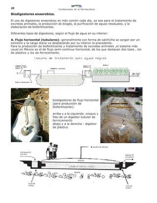 20                                Fundamentos de la Permacultura

Biodigestores anaerobios.

El uso de digestores anaerobios es más común cada dia, ya sea para el tratamiento de
excretas animales, la producción de biogás, la purificación de aguas residuales, y la
elaboración de biofertilizantes.

Diferentes tipos de digestores, según el flujo de agua en su interior:

A. Flujo horizontal (tubulares): generalmente con forma de salchicha se cargan por un
extremo y la carga diaria va desplazando por su interior la precedente.
Para la producción de biofertilizante y tratamiento de excretas animales ,el sistema más
usual en México es el de flujo semi-continuo horizontal, de los que destacan dos tipos , los
de plástico y los de ferrocemento.




                              biodigestores de flujo horizontal
                              (para producción de
                              biofertilizante):

                              arriba y a la izquierda: croquis y
                              foto de un digestor tubular de
                              ferrocemento
                              abajo y a la derecha - digestor
                              de plástico
 