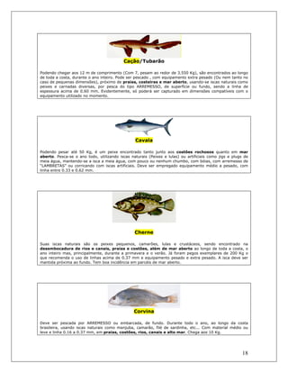 18
Cação/Tubarão
Podendo chegar aos 12 m de comprimento (Com 7, pesam ao redor de 3.550 Kg), são encontrados ao longo
de toda a costa, durante o ano inteiro. Pode ser pescado , com equipamento extra pesado (Ou nem tanto no
caso de pequenas dimensões), próximo de praias, costeiras e mar aberto, usando-se iscas naturais como
peixes e carnadas diversas, por pesca do tipo ARREMESSO, de superfície ou fundo, sendo a linha de
espessura acima de 0.60 mm. Evidentemente, só poderá ser capturado em dimensões compatíveis com o
equipamento utilizado no momento.
Cavala
Podendo pesar até 50 Kg, é um peixe encontrado tanto junto aos costões rochosos quanto em mar
aberto. Pesca-se o ano todo, utilizando iscas naturais (Peixes e lulas) ou artificiais como jigs e plugs de
meia água, mantendo-se a isca a meia água, com pouco ou nenhum chumbo, com bóias, com arremesso de
“LAMBRETAS” ou corricando com iscas artificiais. Deve ser empregado equipamento médio a pesado, com
linha entre 0.33 e 0.62 mm.
Cherne
Suas iscas naturais são os peixes pequenos, camarões, lulas e crustáceos, sendo encontrado na
desembocadura de rios e canais, praias e costões, além de mar aberto ao longo de toda a costa, o
ano inteiro mas, principalmente, durante a primavera e o verão. Já foram pegos exemplares de 200 Kg o
que recomenda o uso de linhas acima de 0.37 mm e equipamento pesado e extra pesado. A isca deve ser
mantida próxima ao fundo. Tem boa incidência em parcéis de mar aberto.
Corvina
Deve ser pescada por ARREMESSO ou embarcada, de fundo. Durante todo o ano, ao longo da costa
brasileira, usando iscas naturais como manjuba, camarão, filé de sardinha, etc... Com material médio ou
leve e linha 0.16 a 0.37 mm, em praias, costões, rios, canais e alto mar. Chega aos 10 Kg.
 