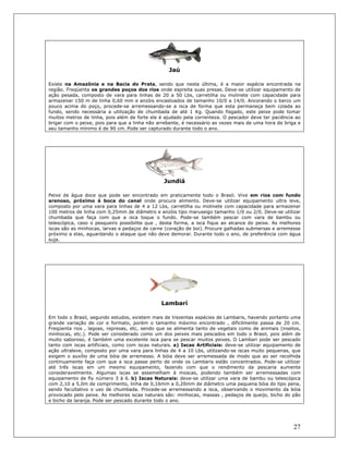 27
Jaú
Existe na Amazônia e na Bacia do Prata, sendo que nesta última, é a maior espécie encontrada na
região. Freqüenta os grandes poços dos rios onde espreita suas presas. Deve-se utilizar equipamento de
ação pesada, composto de vara para linhas de 20 a 50 Lbs, carretilha ou molinete com capacidade para
armazenar 150 m de linha 0,60 mm e anzóis encastoados de tamanho 10/0 a 14/0. Ancorando o barco um
pouco acima do poço, procede-se arremessando-se a isca de forma que esta permaneça bem colada ao
fundo, sendo necessária a utilização de chumbada de até 1 Kg. Quando fisgado, este peixe pode tomar
muitos metros de linha, pois além de forte ele é ajudado pela correnteza. O pescador deve ter paciência ao
brigar com o peixe, pois para que a linha não arrebente, é necessário as vezes mais de uma hora de briga e
seu tamanho mínimo é de 90 cm. Pode ser capturado durante todo o ano.
Jundiá
Peixe de água doce que pode ser encontrado em praticamente todo o Brasil. Vive em rios com fundo
arenoso, próximo à boca do canal onde procura alimento. Deve-se utilizar equipamento ultra leve,
composto por uma vara para linhas de 4 a 12 Lbs, carretilha ou molinete com capacidade para armazenar
100 metros de linha com 0,25mm de diâmetro e anzóis tipo maruseigo tamanho 1/0 ou 2/0. Deve-se utilizar
chumbada que faça com que a isca toque o fundo. Pode-se também pescar com vara de bambu ou
telescópica, caso o pesqueiro possibilite que , desta forma, a isca fique ao alcance do peixe. As melhores
iscas são as minhocas, larvas e pedaços de carne (coração de boi). Procure galhadas submersas e arremesse
próximo a elas, aguardando o ataque que não deve demorar. Durante todo o ano, de preferência com água
suja.
Lambarí
Em todo o Brasil, segundo estudos, existem mais de trezentas espécies de Lambaris, havendo portanto uma
grande variação de cor e formato, porém o tamanho máximo encontrado , dificilmente passa de 20 cm.
Freqüenta rios , lagoas, represas, etc, sendo que se alimenta tanto de vegetais como de animais (insetos,
minhocas, etc.). Pode ser considerado como um dos peixes mais pescados em todo o Brasil, pois além de
muito saboroso, é também uma excelente isca para se pescar muitos peixes. O Lambari pode ser pescado
tanto com iscas artificiais, como com iscas naturais. a) Iscas Artificiais: deve-se utilizar equipamento de
ação ultraleve, composto por uma vara para linhas de 4 a 10 Lbs, utilizando-se iscas muito pequenas, que
exigem o auxílio de uma bóia de arremesso. A bóia deve ser arremessada de modo que ao ser recolhida
continuamente faça com que a isca passe perto de onde os Lambaris estão concentrados. Pode-se utilizar
até três iscas em um mesmo equipamento, fazendo com que o rendimento da pescaria aumente
consideravelmente. Algumas iscas se assemelham à moscas, podendo também ser arremessadas com
equipamento de fly número 3 à 6. b) Iscas Naturais: deve-se utilizar uma vara de bambu ou telescópica
com 2,10 a 5,0m de comprimento, linha de 0,16mm a 0,20mm de diâmetro uma pequena bóia do tipo pena,
sendo facultativo o uso de chumbada. Procede-se arremessando a isca, observando o movimento da bóia
provocado pelo peixe. As melhores iscas naturais são: minhocas, massas , pedaços de queijo, bicho do pão
e bicho da laranja. Pode ser pescado durante todo o ano.
 