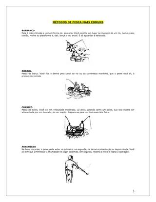3
MÉTODOS DE PESCA MAIS COMUNS
BARRANCO
Esta é mais cômoda e comum forma de pescaria. Você escolhe um lugar na margem de um rio, numa praia,
costâo, molhe ou plataforma e, dali, lança o seu anzol. É só aguardar a beliscada.
RODADA
Pesca de barco. Você fica à deriva pelo canal do rio ou da correnteza marítima, que o peixe está ali, à
procura de comida.
CORRICO
Pesca de barco. Você vai em velocidade moderada. Lá atrás, girando como um peixe, sua isca espera ser
abocanhada por um dourado, ou um marlin. Prepare-se para um bom exercício físico.
ARREMESSO
Na beira da praia, o peixe pode estar na primeira, na segunda, na terceira rebentação ou depois desta. Você
só tem que arremessar a chumbada no lugar escolhido. Em seguida, recolha a linha e repita a operação.
 
