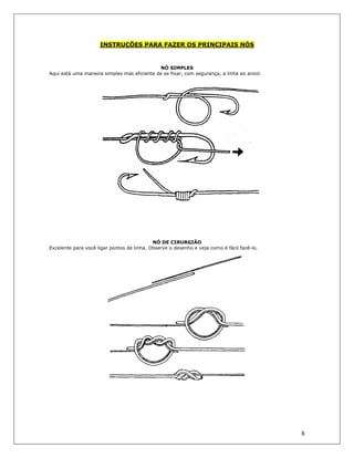 8
INSTRUÇÕES PARA FAZER OS PRINCIPAIS NÓS
NÓ SIMPLES
Aqui está uma maneira simples mas eficiente de se fixar, com segurança, a linha ao anzol.
NÓ DE CIRURGIÃO
Excelente para você ligar pontos de linha. Observe o desenho e veja como é fácil fazê-lo.
 