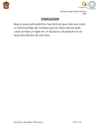 Nayely Sugey Mejía García
                                                             303

                          CONCLUCION

Bueno pues esta práctica fue fácil ya que solo era crear
un fotomontaje de manera que se viera real en este
caso yo hice un tigre en un bosque y al parecer se ve
que esta dentro de esa foto.




Tecámac de Felipe Villanueva                       27/11/12
 