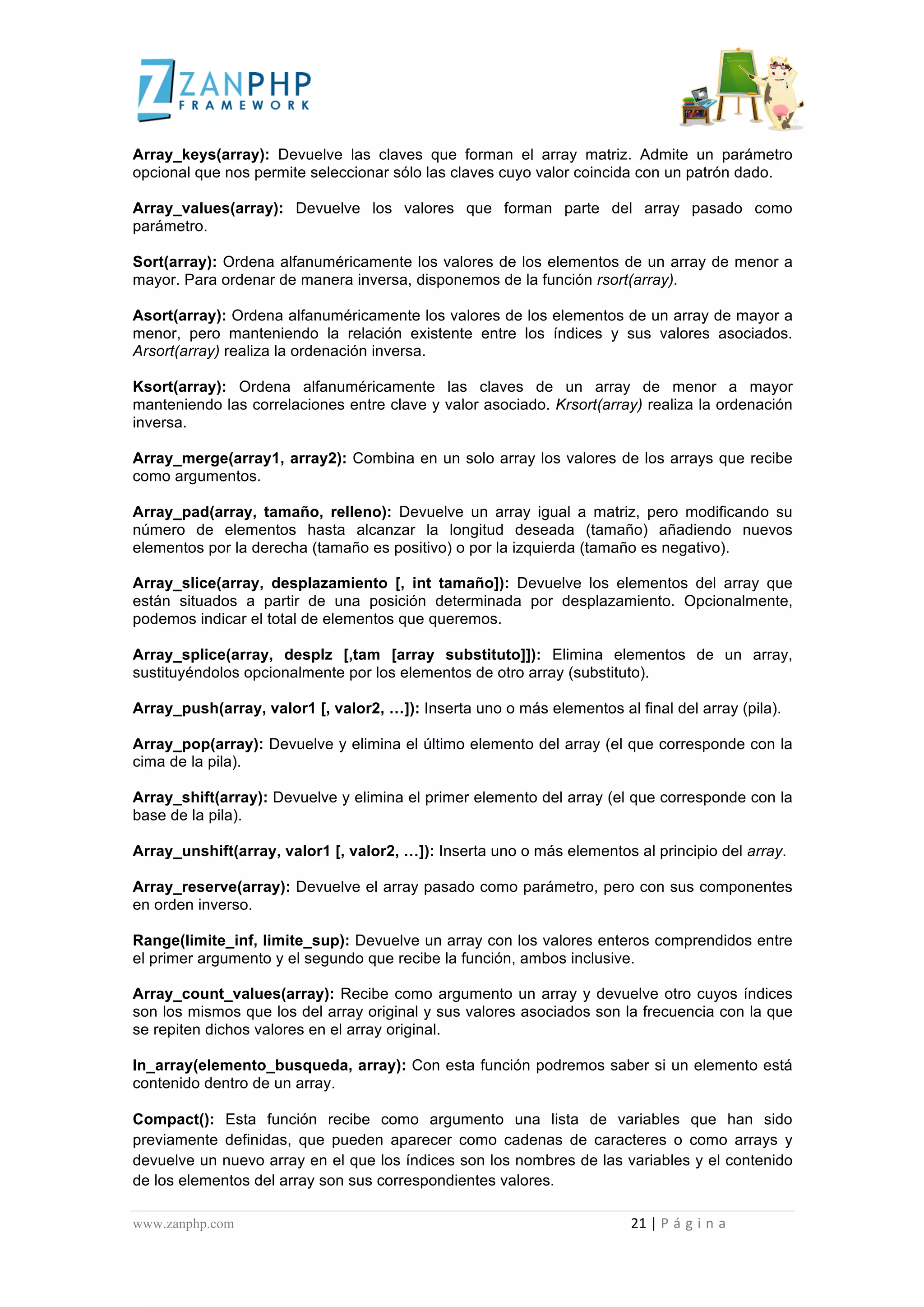  
	
  
Array_keys(array): Devuelve las claves que forman el array matriz. Admite un parámetro
opcional que nos permite seleccionar sólo las claves cuyo valor coincida con un patrón dado.

Array_values(array): Devuelve los valores que forman parte del array pasado como
parámetro.

Sort(array): Ordena alfanuméricamente los valores de los elementos de un array de menor a
mayor. Para ordenar de manera inversa, disponemos de la función rsort(array).

Asort(array): Ordena alfanuméricamente los valores de los elementos de un array de mayor a
menor, pero manteniendo la relación existente entre los índices y sus valores asociados.
Arsort(array) realiza la ordenación inversa.

Ksort(array): Ordena alfanuméricamente las claves de un array de menor a mayor
manteniendo las correlaciones entre clave y valor asociado. Krsort(array) realiza la ordenación
inversa.

Array_merge(array1, array2): Combina en un solo array los valores de los arrays que recibe
como argumentos.

Array_pad(array, tamaño, relleno): Devuelve un array igual a matriz, pero modificando su
número de elementos hasta alcanzar la longitud deseada (tamaño) añadiendo nuevos
elementos por la derecha (tamaño es positivo) o por la izquierda (tamaño es negativo).

Array_slice(array, desplazamiento [, int tamaño]): Devuelve los elementos del array que
están situados a partir de una posición determinada por desplazamiento. Opcionalmente,
podemos indicar el total de elementos que queremos.

Array_splice(array, desplz [,tam [array substituto]]): Elimina elementos de un array,
sustituyéndolos opcionalmente por los elementos de otro array (substituto).

Array_push(array, valor1 [, valor2, …]): Inserta uno o más elementos al final del array (pila).

Array_pop(array): Devuelve y elimina el último elemento del array (el que corresponde con la
cima de la pila).

Array_shift(array): Devuelve y elimina el primer elemento del array (el que corresponde con la
base de la pila).

Array_unshift(array, valor1 [, valor2, …]): Inserta uno o más elementos al principio del array.

Array_reserve(array): Devuelve el array pasado como parámetro, pero con sus componentes
en orden inverso.

Range(limite_inf, limite_sup): Devuelve un array con los valores enteros comprendidos entre
el primer argumento y el segundo que recibe la función, ambos inclusive.

Array_count_values(array): Recibe como argumento un array y devuelve otro cuyos índices
son los mismos que los del array original y sus valores asociados son la frecuencia con la que
se repiten dichos valores en el array original.

In_array(elemento_busqueda, array): Con esta función podremos saber si un elemento está
contenido dentro de un array.

Compact(): Esta función recibe como argumento una lista de variables que han sido
previamente definidas, que pueden aparecer como cadenas de caracteres o como arrays y
devuelve un nuevo array en el que los índices son los nombres de las variables y el contenido
de los elementos del array son sus correspondientes valores.

www.zanphp.com	
  	
  	
  	
  	
  	
  	
  	
  	
  	
  	
  	
  	
  	
  	
  	
  	
  	
  	
  	
  	
  	
  	
  	
  	
  	
  	
  	
  	
  	
  	
  	
  	
  	
  	
  	
  	
  	
  	
  	
  	
  	
  	
  	
  	
  	
  	
  	
  	
  	
  	
  	
  	
  	
  	
  	
  	
  	
  	
  	
  	
  	
  	
  	
  	
  	
  	
  	
  	
  	
  	
  	
  	
  	
  	
  	
  	
  	
  	
  	
  	
  	
  	
  	
  	
  	
  	
  	
  	
  	
  	
  	
  	
  	
  	
  	
  	
  	
  	
  	
  	
  	
  	
  	
  	
  	
  	
  	
  	
  	
  	
  	
  	
  21	
  |	
  P á g i n a 	
  
	
  
 