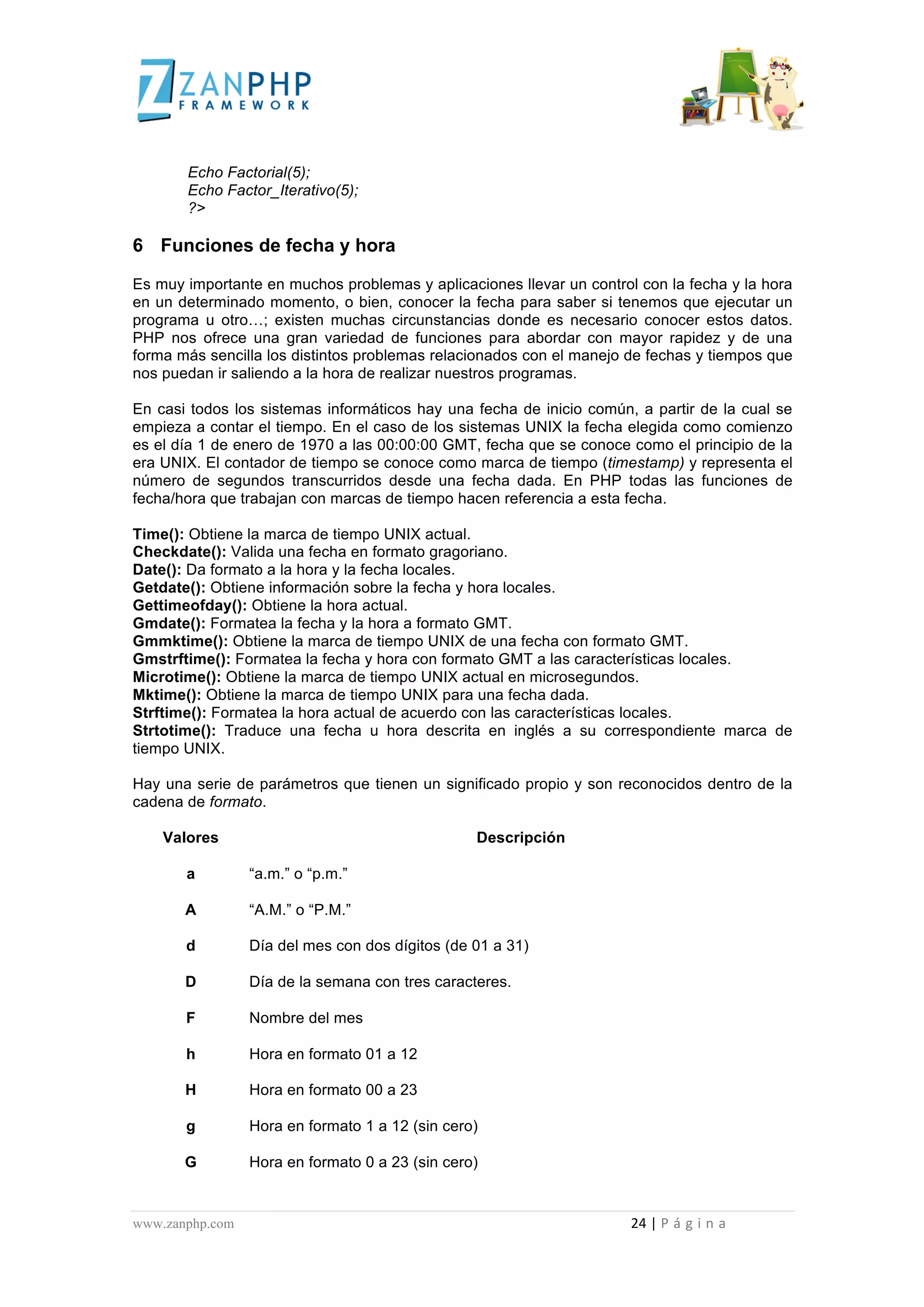  
	
  

                                             Echo Factorial(5);
                                             Echo Factor_Iterativo(5);
                                             ?>

6 Funciones de fecha y hora

Es muy importante en muchos problemas y aplicaciones llevar un control con la fecha y la hora
en un determinado momento, o bien, conocer la fecha para saber si tenemos que ejecutar un
programa u otro…; existen muchas circunstancias donde es necesario conocer estos datos.
PHP nos ofrece una gran variedad de funciones para abordar con mayor rapidez y de una
forma más sencilla los distintos problemas relacionados con el manejo de fechas y tiempos que
nos puedan ir saliendo a la hora de realizar nuestros programas.

En casi todos los sistemas informáticos hay una fecha de inicio común, a partir de la cual se
empieza a contar el tiempo. En el caso de los sistemas UNIX la fecha elegida como comienzo
es el día 1 de enero de 1970 a las 00:00:00 GMT, fecha que se conoce como el principio de la
era UNIX. El contador de tiempo se conoce como marca de tiempo (timestamp) y representa el
número de segundos transcurridos desde una fecha dada. En PHP todas las funciones de
fecha/hora que trabajan con marcas de tiempo hacen referencia a esta fecha.

Time(): Obtiene la marca de tiempo UNIX actual.
Checkdate(): Valida una fecha en formato gragoriano.
Date(): Da formato a la hora y la fecha locales.
Getdate(): Obtiene información sobre la fecha y hora locales.
Gettimeofday(): Obtiene la hora actual.
Gmdate(): Formatea la fecha y la hora a formato GMT.
Gmmktime(): Obtiene la marca de tiempo UNIX de una fecha con formato GMT.
Gmstrftime(): Formatea la fecha y hora con formato GMT a las características locales.
Microtime(): Obtiene la marca de tiempo UNIX actual en microsegundos.
Mktime(): Obtiene la marca de tiempo UNIX para una fecha dada.
Strftime(): Formatea la hora actual de acuerdo con las características locales.
Strtotime(): Traduce una fecha u hora descrita en inglés a su correspondiente marca de
tiempo UNIX.

Hay una serie de parámetros que tienen un significado propio y son reconocidos dentro de la
cadena de formato.

                        Valores                                                                                                                                                                                                                                                          Descripción

                                            a                                                  “a.m.” o “p.m.”

                                           A                                                   “A.M.” o “P.M.”

                                           d                                                   Día del mes con dos dígitos (de 01 a 31)

                                           D                                                   Día de la semana con tres caracteres.

                                           F                                                   Nombre del mes

                                           h                                                   Hora en formato 01 a 12

                                           H                                                   Hora en formato 00 a 23

                                           g                                                   Hora en formato 1 a 12 (sin cero)

                                          G                                                    Hora en formato 0 a 23 (sin cero)


www.zanphp.com	
  	
  	
  	
  	
  	
  	
  	
  	
  	
  	
  	
  	
  	
  	
  	
  	
  	
  	
  	
  	
  	
  	
  	
  	
  	
  	
  	
  	
  	
  	
  	
  	
  	
  	
  	
  	
  	
  	
  	
  	
  	
  	
  	
  	
  	
  	
  	
  	
  	
  	
  	
  	
  	
  	
  	
  	
  	
  	
  	
  	
  	
  	
  	
  	
  	
  	
  	
  	
  	
  	
  	
  	
  	
  	
  	
  	
  	
  	
  	
  	
  	
  	
  	
  	
  	
  	
  	
  	
  	
  	
  	
  	
  	
  	
  	
  	
  	
  	
  	
  	
  	
  	
  	
  	
  	
  	
  	
  	
  	
  	
  	
  	
  24	
  |	
  P á g i n a 	
  
	
  
 