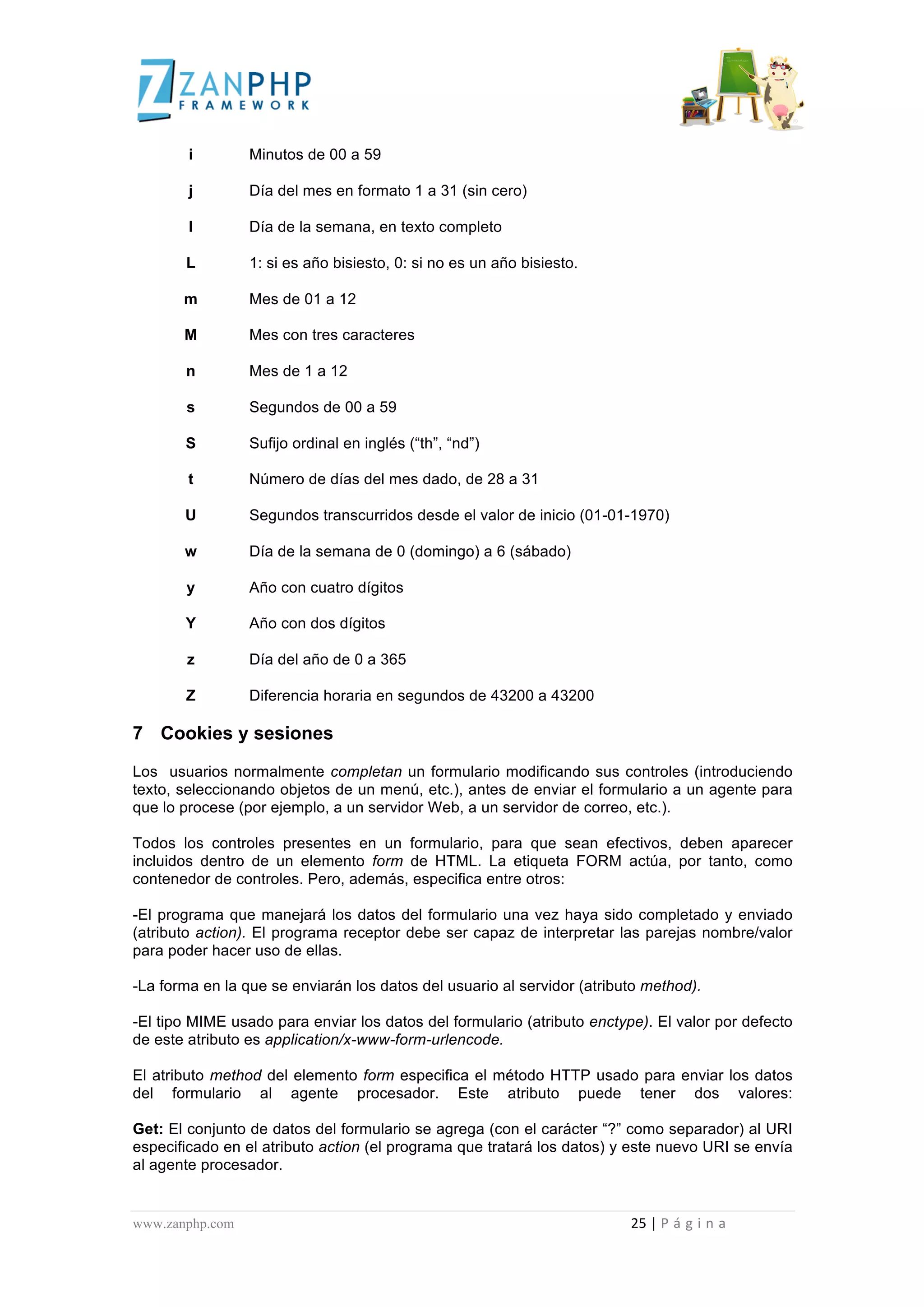  
	
  
                                             i                                                 Minutos de 00 a 59

                                             j                                                 Día del mes en formato 1 a 31 (sin cero)

                                             l                                                 Día de la semana, en texto completo

                                           L                                                   1: si es año bisiesto, 0: si no es un año bisiesto.

                                          m                                                    Mes de 01 a 12

                                          M                                                    Mes con tres caracteres

                                           n                                                   Mes de 1 a 12

                                            s                                                  Segundos de 00 a 59

                                           S                                                   Sufijo ordinal en inglés (“th”, “nd”)

                                             t                                                 Número de días del mes dado, de 28 a 31

                                           U                                                   Segundos transcurridos desde el valor de inicio (01-01-1970)

                                          w                                                    Día de la semana de 0 (domingo) a 6 (sábado)

                                            y                                                  Año con cuatro dígitos

                                           Y                                                   Año con dos dígitos

                                            z                                                  Día del año de 0 a 365

                                           Z                                                   Diferencia horaria en segundos de 43200 a 43200

7 Cookies y sesiones
Los usuarios normalmente completan un formulario modificando sus controles (introduciendo
texto, seleccionando objetos de un menú, etc.), antes de enviar el formulario a un agente para
que lo procese (por ejemplo, a un servidor Web, a un servidor de correo, etc.).

Todos los controles presentes en un formulario, para que sean efectivos, deben aparecer
incluidos dentro de un elemento form de HTML. La etiqueta FORM actúa, por tanto, como
contenedor de controles. Pero, además, especifica entre otros:

-El programa que manejará los datos del formulario una vez haya sido completado y enviado
(atributo action). El programa receptor debe ser capaz de interpretar las parejas nombre/valor
para poder hacer uso de ellas.

-La forma en la que se enviarán los datos del usuario al servidor (atributo method).

-El tipo MIME usado para enviar los datos del formulario (atributo enctype). El valor por defecto
de este atributo es application/x-www-form-urlencode.

El atributo method del elemento form especifica el método HTTP usado para enviar los datos
del formulario al agente procesador. Este atributo puede tener dos valores:

Get: El conjunto de datos del formulario se agrega (con el carácter “?” como separador) al URI
especificado en el atributo action (el programa que tratará los datos) y este nuevo URI se envía
al agente procesador.


www.zanphp.com	
  	
  	
  	
  	
  	
  	
  	
  	
  	
  	
  	
  	
  	
  	
  	
  	
  	
  	
  	
  	
  	
  	
  	
  	
  	
  	
  	
  	
  	
  	
  	
  	
  	
  	
  	
  	
  	
  	
  	
  	
  	
  	
  	
  	
  	
  	
  	
  	
  	
  	
  	
  	
  	
  	
  	
  	
  	
  	
  	
  	
  	
  	
  	
  	
  	
  	
  	
  	
  	
  	
  	
  	
  	
  	
  	
  	
  	
  	
  	
  	
  	
  	
  	
  	
  	
  	
  	
  	
  	
  	
  	
  	
  	
  	
  	
  	
  	
  	
  	
  	
  	
  	
  	
  	
  	
  	
  	
  	
  	
  	
  	
  	
  25	
  |	
  P á g i n a 	
  
	
  
 
