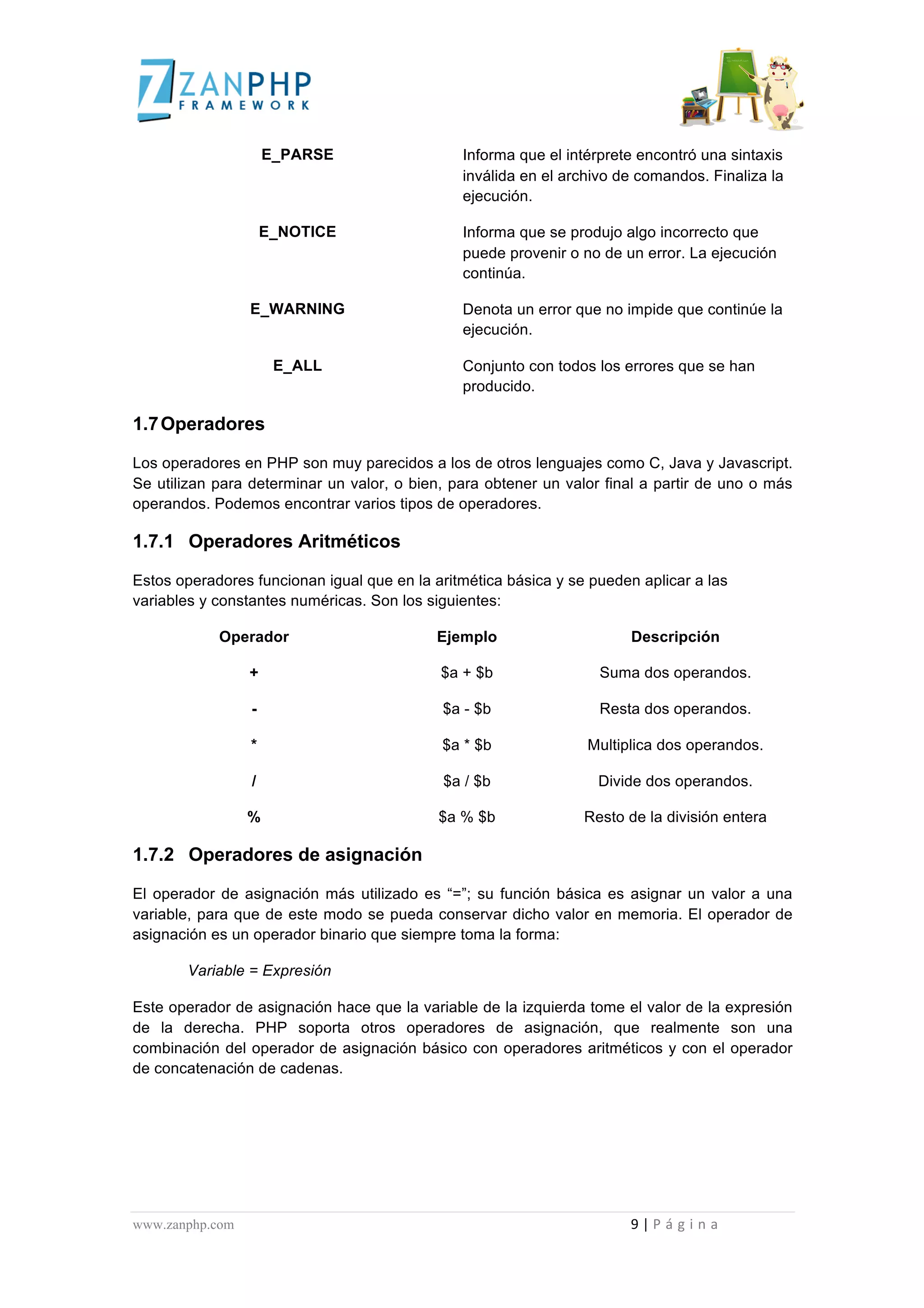 
	
  
                                                                                                          E_PARSE                                                                                                                                                                Informa que el intérprete encontró una sintaxis
                                                                                                                                                                                                                                                                                 inválida en el archivo de comandos. Finaliza la
                                                                                                                                                                                                                                                                                 ejecución.

                                                                                                        E_NOTICE                                                                                                                                                                 Informa que se produjo algo incorrecto que
                                                                                                                                                                                                                                                                                 puede provenir o no de un error. La ejecución
                                                                                                                                                                                                                                                                                 continúa.

                                                                                                 E_WARNING                                                                                                                                                                       Denota un error que no impide que continúe la
                                                                                                                                                                                                                                                                                 ejecución.

                                                                                                                    E_ALL                                                                                                                                                        Conjunto con todos los errores que se han
                                                                                                                                                                                                                                                                                 producido.

1.7 Operadores

Los operadores en PHP son muy parecidos a los de otros lenguajes como C, Java y Javascript.
Se utilizan para determinar un valor, o bien, para obtener un valor final a partir de uno o más
operandos. Podemos encontrar varios tipos de operadores.

1.7.1 Operadores Aritméticos

Estos operadores funcionan igual que en la aritmética básica y se pueden aplicar a las
variables y constantes numéricas. Son los siguientes:

                                                                       Operador                                                                                                                                                                             Ejemplo                                                                                                                                                          Descripción

                                                                                                +                                                                                                                                                              $a + $b                                                                                                                             Suma dos operandos.

                                                                                                  -                                                                                                                                                              $a - $b                                                                                                                           Resta dos operandos.

                                                                                                  *                                                                                                                                                             $a * $b                                                                                                                  Multiplica dos operandos.

                                                                                                  /                                                                                                                                                              $a / $b                                                                                                                          Divide dos operandos.

                                                                                              %                                                                                                                                                              $a % $b                                                                                                                  Resto de la división entera

1.7.2 Operadores de asignación

El operador de asignación más utilizado es “=”; su función básica es asignar un valor a una
variable, para que de este modo se pueda conservar dicho valor en memoria. El operador de
asignación es un operador binario que siempre toma la forma:

                                             Variable = Expresión

Este operador de asignación hace que la variable de la izquierda tome el valor de la expresión
de la derecha. PHP soporta otros operadores de asignación, que realmente son una
combinación del operador de asignación básico con operadores aritméticos y con el operador
de concatenación de cadenas.




www.zanphp.com	
  	
  	
  	
  	
  	
  	
  	
  	
  	
  	
  	
  	
  	
  	
  	
  	
  	
  	
  	
  	
  	
  	
  	
  	
  	
  	
  	
  	
  	
  	
  	
  	
  	
  	
  	
  	
  	
  	
  	
  	
  	
  	
  	
  	
  	
  	
  	
  	
  	
  	
  	
  	
  	
  	
  	
  	
  	
  	
  	
  	
  	
  	
  	
  	
  	
  	
  	
  	
  	
  	
  	
  	
  	
  	
  	
  	
  	
  	
  	
  	
  	
  	
  	
  	
  	
  	
  	
  	
  	
  	
  	
  	
  	
  	
  	
  	
  	
  	
  	
  	
  	
  	
  	
  	
  	
  	
  	
  	
  	
  	
  	
  	
  9	
  |	
  P á g i n a 	
  
	
  
 