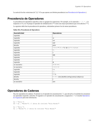 Capítulo 10. Operadores
La razón de las dos variaciones de "y"y "o"es que operan con distinta precedencia (ver Precedencia de Operadores.)
Precedencia de Operadores
La precedencia de operadores especiﬁca cómo se agrupan las expresiones. Por ejemplo, en la expresión 1 + 5 * 3, la
respuesta es 16 y no 18 porque el operador de multiplicación ("*") tiene una mayor precedencia que el de adición ("+").
La siguiente tabla lista la precedencia de operadores, indicándose primero los de menor precedencia.
Tabla 10-6. Precedencia de Operadores
Asociatividad Operadores
izquierda ,
izquierda or
izquierda xor
izquierda and
derecha print
izquierda = += -= *= /= .= %= &= |= ^= ~= «= »=
izquierda ? :
izquierda ||
izquierda &&
izquierda |
izquierda ^
izquierda &
no asociativo == != ===
no asociativo < <= > >=
izquierda « »
izquierda + - .
izquierda * / %
derecha ! ~ ++ – (int) (double) (string) (array) (object) @
derecha [
no asociativo new
Operadores de Cadenas
Hay dos operadores de cadenas. El primero es el operador de concatenación (’.’), que devuelve el resultado de concatenar
sus operandos izquierdo y derecho. El segundo es el operador de concatenación y asignación (’.=’). Consulta Operadores
de Asignación para más información.
$a = "Hola ";
$b = $a . "Mundo!"; // ahora $b contiene "Hola Mundo!"
$a = "Hola ";
$a .= "Mundo!"; // ahora $a contiene "Hola Mundo!"
116
 
