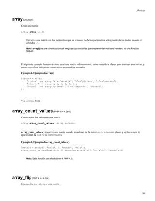 Matrices
array(unknown)
Crear una matriz
array array(...);
Devuelve una matriz con los parámetros que se le pasan. A dichos parámetros se les puede dar un índice usando el
operador =>.
Nota: array() es una construcción del lenguaje que se utiliza para representar matrices literales, no una función
regular.
El siguiente ejemplo demuestra cómo crear una matriz bidimensional, cómo especiﬁcar claves para matrices asociativas, y
cómo especiﬁcar índices no consecutivos en matrices normales.
Ejemplo 1. Ejemplo de array()
$frutas = array (
"frutas" => array("a"=>"naranja", "b"=>"plátano", "c"=>"manzana"),
"números" => array(1, 2, 3, 4, 5, 6),
"hoyos" => array("primero", 5 => "segundo", "tercero")
);
Vea también: list().
array_count_values(PHP 4 >= 4.0b4)
Cuenta todos los valores de una matriz
array array_count_values (array entrada)
array_count_values() devuelve una matriz usando los valores de la matriz entrada como claves y su frecuencia de
aparición en la entrada como valores.
Ejemplo 1. Ejemplo de array_count_values()
$matriz = array(1, "hola", 1, "mundo", "hola");
array_count_values($matriz); // devuelve array(1=>2, "hola"=>2, "mundo"=>1)
Nota: Esta función fue añadida en el PHP 4.0.
array_ﬂip(PHP 4 >= 4.0b4)
Intercambia los valores de una matriz
189
 