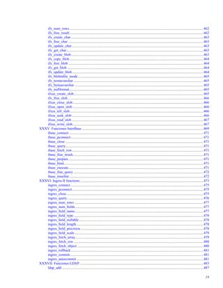 ifx_num_rows....................................................................................................................................................462
ifx_free_result ...................................................................................................................................................462
ifx_create_char..................................................................................................................................................463
ifx_free_char .....................................................................................................................................................463
ifx_update_char.................................................................................................................................................463
ifx_get_char.......................................................................................................................................................463
ifx_create_blob..................................................................................................................................................463
ifx_copy_blob....................................................................................................................................................464
ifx_free_blob .....................................................................................................................................................464
ifx_get_blob ......................................................................................................................................................464
ifx_update_blob.................................................................................................................................................464
ifx_blobinﬁle_mode ..........................................................................................................................................465
ifx_textasvarchar ...............................................................................................................................................465
ifx_byteasvarchar ..............................................................................................................................................465
ifx_nullformat....................................................................................................................................................465
ifxus_create_slob...............................................................................................................................................465
ifx_free_slob......................................................................................................................................................466
ifxus_close_slob................................................................................................................................................466
ifxus_open_slob ................................................................................................................................................466
ifxus_tell_slob ...................................................................................................................................................466
ifxus_seek_slob .................................................................................................................................................466
ifxus_read_slob .................................................................................................................................................467
ifxus_write_slob................................................................................................................................................467
XXXV. Funciones InterBase ......................................................................................................................................469
ibase_connect ....................................................................................................................................................471
ibase_pconnect ..................................................................................................................................................471
ibase_close ........................................................................................................................................................471
ibase_query........................................................................................................................................................471
ibase_fetch_row.................................................................................................................................................471
ibase_free_result................................................................................................................................................471
ibase_prepare.....................................................................................................................................................471
ibase_bind..........................................................................................................................................................471
ibase_execute.....................................................................................................................................................471
ibase_free_query ...............................................................................................................................................472
ibase_timefmt....................................................................................................................................................472
XXXVI. Ingres II functions........................................................................................................................................473
ingres_connect...................................................................................................................................................475
ingres_pconnect.................................................................................................................................................475
ingres_close.......................................................................................................................................................475
ingres_query......................................................................................................................................................476
ingres_num_rows ..............................................................................................................................................477
ingres_num_ﬁelds .............................................................................................................................................477
ingres_ﬁeld_name .............................................................................................................................................477
ingres_ﬁeld_type ...............................................................................................................................................478
ingres_ﬁeld_nullable .........................................................................................................................................478
ingres_ﬁeld_length............................................................................................................................................478
ingres_ﬁeld_precision .......................................................................................................................................478
ingres_ﬁeld_scale..............................................................................................................................................479
ingres_fetch_array.............................................................................................................................................479
ingres_fetch_row...............................................................................................................................................480
ingres_fetch_object ...........................................................................................................................................480
ingres_rollback..................................................................................................................................................481
ingres_commit...................................................................................................................................................481
ingres_autocommit............................................................................................................................................481
XXXVII. Funciones LDAP.........................................................................................................................................483
ldap_add ............................................................................................................................................................487
19
 
