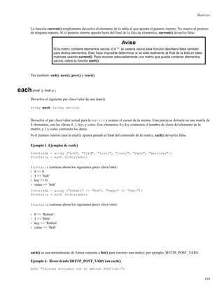 Matrices
La función current() simplemente devuelve el elemento de la tabla al que apunta el puntero interno. No mueve el puntero
de ninguna manera. Si el puntero interno apunta fuera del ﬁnal de la lista de elementos, current() devuelve false.
Aviso
Si la matriz contiene elementos vacíos (0 ó "", la cadena vacía) esta función devolverá false también
para dichos elementos. Esto hace imposible determinar si se está realmente al ﬁnal de la lista en tales
matrices usando current(). Para recorrer adecuadamente una matriz que pueda contener elementos
vacíos, utilice la función each().
Vea también: end(), next(), prev() y reset().
each(PHP 3, PHP 4 )
Devuelve el siguiente par clave/valor de una matriz
array each (array matriz)
Devuelve el par clave/valor actual para la matriz y avanza el cursor de la misma. Esta pareja se devuele en una matriz de
4 elementos, con las claves 0, 1, key, y value. Los elementos 0 y key contienen el nombre de clave del elemento de la
matriz, y 1 y value contienen los datos.
Si el puntero interno para la matriz apunta pasado el ﬁnal del contenido de la matriz, each() devuelve false.
Ejemplo 1. Ejemplos de each()
$chorrada = array ("bob", "fred", "jussi", "jouni", "egon", "marliese");
$tonteria = each ($chorrada);
$tonteria contiene ahora los siguientes pares clave/valor:
• 0 => 0
• 1 => ’bob’
• key => 0
• value => ’bob’
$chorrada = array ("Robert" => "Bob", "Seppo" => "Sepi");
$tonteria = each ($chorrada);
$tonteria contiene ahora los siguientes pares clave/valor:
• 0 => ’Robert’
• 1 => ’Bob’
• key => ’Robert’
• value => ’Bob’
each() se usa normalmente de forma conjunta a list() para recorrer una matriz; por ejemplo, $HTTP_POST_VARS:
Ejemplo 2. Recorriendo $HTTP_POST_VARS con each()
echo "Valores enviados con el método POST:<br>";
199
 