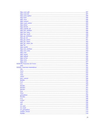 ldap_mod_add ...................................................................................................................................................487
ldap_mod_del....................................................................................................................................................487
ldap_mod_replace .............................................................................................................................................488
ldap_bind...........................................................................................................................................................488
ldap_close..........................................................................................................................................................488
ldap_connect......................................................................................................................................................488
ldap_count_entries ............................................................................................................................................489
ldap_delete ........................................................................................................................................................489
ldap_dn2ufn.......................................................................................................................................................489
ldap_explode_dn ...............................................................................................................................................489
ldap_ﬁrst_attribute.............................................................................................................................................490
ldap_ﬁrst_entry..................................................................................................................................................490
ldap_free_result.................................................................................................................................................490
ldap_get_attributes ............................................................................................................................................490
ldap_get_dn .......................................................................................................................................................491
ldap_get_entries ................................................................................................................................................491
ldap_get_values.................................................................................................................................................492
ldap_get_values_len ..........................................................................................................................................493
ldap_list .............................................................................................................................................................493
ldap_modify ......................................................................................................................................................494
ldap_next_attribute............................................................................................................................................494
ldap_next_entry.................................................................................................................................................494
ldap_read ...........................................................................................................................................................495
ldap_search........................................................................................................................................................495
ldap_unbind.......................................................................................................................................................496
ldap_err2str........................................................................................................................................................496
ldap_errno..........................................................................................................................................................496
ldap_error ..........................................................................................................................................................497
XXXVIII. Funciones de Correo..................................................................................................................................499
mail....................................................................................................................................................................501
XXXIX. Funciones matemáticas ................................................................................................................................503
Abs ....................................................................................................................................................................505
Acos...................................................................................................................................................................505
Asin ...................................................................................................................................................................505
Atan ...................................................................................................................................................................505
Atan2 .................................................................................................................................................................505
base_convert......................................................................................................................................................506
BinDec...............................................................................................................................................................506
Ceil ....................................................................................................................................................................506
Cos.....................................................................................................................................................................506
DecBin...............................................................................................................................................................507
DecHex..............................................................................................................................................................507
DecOct...............................................................................................................................................................507
Exp ....................................................................................................................................................................507
Floor ..................................................................................................................................................................507
getrandmax........................................................................................................................................................508
HexDec..............................................................................................................................................................508
Log ....................................................................................................................................................................508
Log10 ................................................................................................................................................................508
max....................................................................................................................................................................509
min.....................................................................................................................................................................509
mt_rand..............................................................................................................................................................509
mt_srand............................................................................................................................................................509
mt_getrandmax..................................................................................................................................................510
number_format..................................................................................................................................................510
OctDec...............................................................................................................................................................510
20
 