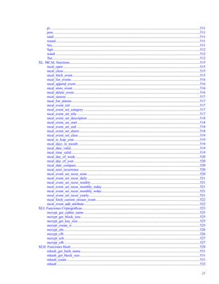 pi........................................................................................................................................................................511
pow ....................................................................................................................................................................511
rand....................................................................................................................................................................511
round..................................................................................................................................................................511
Sin......................................................................................................................................................................511
Sqrt ....................................................................................................................................................................512
srand ..................................................................................................................................................................512
Tan.....................................................................................................................................................................512
XL. MCAL functions..................................................................................................................................................513
mcal_open .........................................................................................................................................................515
mcal_close.........................................................................................................................................................515
mcal_fetch_event...............................................................................................................................................515
mcal_list_events ................................................................................................................................................516
mcal_append_event...........................................................................................................................................516
mcal_store_event...............................................................................................................................................516
mcal_delete_event.............................................................................................................................................516
mcal_snooze......................................................................................................................................................517
mcal_list_alarms................................................................................................................................................517
mcal_event_init .................................................................................................................................................517
mcal_event_set_category ..................................................................................................................................517
mcal_event_set_title..........................................................................................................................................517
mcal_event_set_description ..............................................................................................................................518
mcal_event_set_start .........................................................................................................................................518
mcal_event_set_end ..........................................................................................................................................518
mcal_event_set_alarm.......................................................................................................................................518
mcal_event_set_class ........................................................................................................................................519
mcal_is_leap_year.............................................................................................................................................519
mcal_days_in_month ........................................................................................................................................519
mcal_date_valid.................................................................................................................................................519
mcal_time_valid ................................................................................................................................................519
mcal_day_of_week............................................................................................................................................520
mcal_day_of_year .............................................................................................................................................520
mcal_date_compare...........................................................................................................................................520
mcal_next_recurrence .......................................................................................................................................520
mcal_event_set_recur_none ..............................................................................................................................520
mcal_event_set_recur_daily..............................................................................................................................521
mcal_event_set_recur_weekly ..........................................................................................................................521
mcal_event_set_recur_monthly_mday..............................................................................................................521
mcal_event_set_recur_monthly_wday..............................................................................................................521
mcal_event_set_recur_yearly............................................................................................................................521
mcal_fetch_current_stream_event.....................................................................................................................522
mcal_event_add_attribute..................................................................................................................................522
XLI. Funciones Criptográﬁcas....................................................................................................................................523
mcrypt_get_cipher_name..................................................................................................................................525
mcrypt_get_block_size......................................................................................................................................525
mcrypt_get_key_size.........................................................................................................................................525
mcrypt_create_iv...............................................................................................................................................525
mcrypt_cbc........................................................................................................................................................526
mcrypt_cfb ........................................................................................................................................................526
mcrypt_ecb........................................................................................................................................................527
mcrypt_ofb ........................................................................................................................................................527
XLII. Funciones Hash.................................................................................................................................................529
mhash_get_hash_name......................................................................................................................................531
mhash_get_block_size ......................................................................................................................................531
mhash_count......................................................................................................................................................531
mhash ................................................................................................................................................................532
21
 
