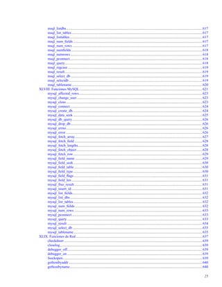 msql_listdbs.......................................................................................................................................................617
msql_list_tables.................................................................................................................................................617
msql_listtables...................................................................................................................................................617
msql_num_ﬁelds ...............................................................................................................................................617
msql_num_rows ................................................................................................................................................617
msql_numﬁelds .................................................................................................................................................618
msql_numrows ..................................................................................................................................................618
msql_pconnect...................................................................................................................................................618
msql_query........................................................................................................................................................618
msql_regcase .....................................................................................................................................................619
msql_result ........................................................................................................................................................619
msql_select_db..................................................................................................................................................619
msql_selectdb....................................................................................................................................................619
msql_tablename.................................................................................................................................................620
XLVIII. Funciones MySQL ........................................................................................................................................621
mysql_affected_rows.........................................................................................................................................623
mysql_change_user ...........................................................................................................................................623
mysql_close.......................................................................................................................................................623
mysql_connect...................................................................................................................................................624
mysql_create_db................................................................................................................................................624
mysql_data_seek ...............................................................................................................................................625
mysql_db_query................................................................................................................................................626
mysql_drop_db..................................................................................................................................................626
mysql_errno.......................................................................................................................................................626
mysql_error .......................................................................................................................................................626
mysql_fetch_array.............................................................................................................................................627
mysql_fetch_ﬁeld..............................................................................................................................................628
mysql_fetch_lengths..........................................................................................................................................628
mysql_fetch_object ...........................................................................................................................................628
mysql_fetch_row...............................................................................................................................................629
mysql_ﬁeld_name .............................................................................................................................................629
mysql_ﬁeld_seek...............................................................................................................................................630
mysql_ﬁeld_table ..............................................................................................................................................630
mysql_ﬁeld_type ...............................................................................................................................................630
mysql_ﬁeld_ﬂags ..............................................................................................................................................631
mysql_ﬁeld_len .................................................................................................................................................631
mysql_free_result..............................................................................................................................................631
mysql_insert_id .................................................................................................................................................631
mysql_list_ﬁelds................................................................................................................................................632
mysql_list_dbs...................................................................................................................................................632
mysql_list_tables...............................................................................................................................................632
mysql_num_ﬁelds .............................................................................................................................................632
mysql_num_rows ..............................................................................................................................................633
mysql_pconnect.................................................................................................................................................633
mysql_query......................................................................................................................................................633
mysql_result ......................................................................................................................................................634
mysql_select_db................................................................................................................................................635
mysql_tablename...............................................................................................................................................635
XLIX. Funciones de Red ............................................................................................................................................637
checkdnsrr .........................................................................................................................................................639
closelog..............................................................................................................................................................639
debugger_off......................................................................................................................................................639
debugger_on......................................................................................................................................................639
fsockopen...........................................................................................................................................................639
gethostbyaddr ....................................................................................................................................................640
gethostbyname...................................................................................................................................................640
25
 