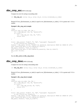 dbx
dbx_cmp_asc(PHP 4 CVS only)
Compare two rows for sorting in ascending order
int dbx_cmp_asc (array row_a, array row_b, string columnname_or_index)
Returns 0 if row_a[$columnname_or_index] is equal to row_b[$columnname_or_index], 1 if it is greater and -1 if it is
smaller.
Ejemplo 1. dbx_cmp_asc() example
<?php
function user_re_order ($a, $b) {
$rv = dbx_cmp_asc ($a, $b, "parentid");
if (!$rv) {
$rv = dbx_cmp_asc ($a, $b, "id");
return $rv;
}
}
$link = dbx_connect ("odbc", "", "db", "username", "password")
or die ("Could not connect");
$result = dbx_query ($link, "SELECT id, parentid, description FROM tbl ORDER BY id");
echo "resulting data is now ordered by id<br>";
dbx_query ($result, "user_re_order");
echo "resulting data is now ordered by parentid, then by id<br>";
dbx_close ($link);
?>
See also dbx_sort() and dbx_cmp_desc().
dbx_cmp_desc(PHP 4 CVS only)
Compare two rows for sorting in descending order
int dbx_cmp_desc (array row_a, array row_b, string columnname_or_index)
Returns 0 if row_a[$columnname_or_index] is equal to row_b[$columnname_or_index], -1 if it is greater and 1 if it is
smaller.
Ejemplo 1. dbx_cmp_desc() example
<?php
function user_re_order ($a, $b) {
$rv = dbx_cmp_asc ($a, $b, "parentid");
if (!$rv) {
$rv = dbx_cmp_asc($a, $b, "id");
return $rv;
}
}
$link = dbx_connect ("odbc", "", "db", "username", "password")
or die ("Could not connect");
$result = dbx_query ($link, "SELECT id, parentid, description FROM tbl ORDER BY id");
echo "resulting data is now ordered by id<br>";
dbx_query ($result, "user_re_order");
307
 