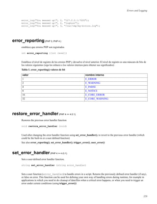 Errors and Logging
error_log("You messed up!", 2, "127.0.0.1:7000");
error_log("You messed up!", 2, "loghost");
error_log("You messed up!", 3, "/var/tmp/my-errors.log");
error_reporting(PHP 3, PHP 4 )
establece que errores PHP son registrados
int error_reporting ([int level])
Establece el nivel de registro de los errores PHP y devuelve el nivel anterior. El nivel de registro es una máscara de bits de
los valores siguientes (siga los enlaces a los valores internos para obtener sus signiﬁcados):
Tabla 1. error_reporting() valores de bit
valor nombre interno
1 E_ERROR
2 E_WARNING
4 E_PARSE
8 E_NOTICE
16 E_CORE_ERROR
32 E_CORE_WARNING
restore_error_handler(PHP 4 >= 4.0.1)
Restores the previous error handler function
void restore_error_handler (void)
Used after changing the error handler function using set_error_handler(), to revert to the previous error handler (which
could be the built-in or a user deﬁned function)
See also error_reporting(), set_error_handler(), trigger_error(), user_error()
set_error_handler(PHP 4 >= 4.0.1)
Sets a user-deﬁned error handler function.
string set_error_handler (string error_handler)
Sets a user function (error_handler) to handle errors in a script. Returns the previously deﬁned error handler (if any),
or false on error. This function can be used for deﬁning your own way of handling errors during runtime, for example in
applications in which you need to do cleanup of data/ﬁles when a critical error happens, or when you need to trigger an
error under certain conditions (using trigger_error())
320
 