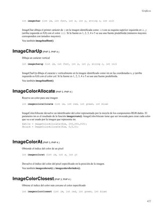Gráﬁcos
int imagechar (int im, int font, int x, int y, string c, int col)
ImageChar dibuja el primer carácter de c en la imagen identiﬁcada como id con su esquina superior izquierda en x, y
(arriba izquierda es 0,0) con el color col. Si la fuente es 1, 2, 3, 4 o 5 se usa una fuente predeﬁnida (números mayores
corresponden con tamaños mayores).
Vea también imageloadfont().
ImageCharUp(PHP 3, PHP 4 )
Dibuja un carácter vertical
int imagecharup (int im, int font, int x, int y, string c, int col)
ImageCharUp dibuja el caracter c verticalmente en la imagen identiﬁcado como im en las coordenadas x, y (arriba
izquierda es 0,0) con el color col. Si la fuente es 1, 2, 3, 4 o 5 se usa una fuente predeﬁnida.
Vea también imageloadfont().
ImageColorAllocate(PHP 3, PHP 4 )
Reserva un color para una imagen
int imagecolorallocate (int im, int red, int green, int blue)
ImageColorAllocate devuelve un identiﬁcador del color representado por la mezcla de los componentes RGB dados. El
parámetro im es el resultado de la función imagecreate(). ImageColorAlocate tiene que ser invocada para crear cada color
que va a ser usado por la imagen que representa im.
$white = ImageColorAllocate($im, 255,255,255);
$black = ImageColorAllocate($im, 0,0,0);
ImageColorAt(PHP 3, PHP 4 )
Obtiende el índice del color de un pixel
int imagecolorat (int im, int x, int y)
Devuelve el índice del color del pixel especiﬁcado en la posición de la imagen.
Vea también imagecolorset() y imagecolorsforindex().
ImageColorClosest(PHP 3, PHP 4 )
Obtiene el índice del color más cercano al color especiﬁcado
int imagecolorclosest (int im, int red, int green, int blue)
422
 