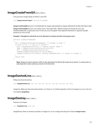 Gráﬁcos
ImageCreateFromGif(PHP 3, PHP 4 )
Crea una nueva imagen desde un ﬁchero o una URL
int imagecreatefromgif (string filename)
imagecreatefromgif() devuelve un identiﬁcador de imagen representando la imagen obtenida del nombre del ﬁchero dado.
imagecreatefromgif() devuelve una cadena vacia si hay algun fallo. Además muestra un mensaje de error, que
desafortunadamente se representa como un link roto en un navegador. Para depurarlo fácilmente el siguiente ejemplo
producirá un error de GIF:
Ejemplo 1. Ejemplo de control de un error durante la creación (cortesía vic@zymsys.com )
function LoadGif($imgname)
{
$im = @imagecreatefromgif($imgname); /* Attempt to open */
if ($im == "") { /* See if it failed */
$im = ImageCreate(150,30); /* Create a blank image */
$bgc = ImageColorAllocate($im,255,255,255);
$tc = ImageColorAllocate($im,0,0,0);
ImageFilledRectangle($im,0,0,150,30,$bgc);
ImageString($im,1,5,5,"Error loading $imgname",$tc); /* Output an errmsg */
}
return $im;
}
Nota: Desde que todo el soporte a GIFs ha sido eliminado en la libreria GD a partir de la versión 1.6, esta función no
está disponible si está usando esa versión de la libreria GD.
ImageDashedLine(PHP 3, PHP 4 )
Dibuja una línea discontinua
int imagedashedline (int im, int x1, int y1, int x2, int y2, int col)
ImageLine dibuja una línea discontinua desde x1,y1 hasta x2, y2 (arriba izquierda es 0.0) en la imagen im con el color col.
Vea también imageline().
ImageDestroy(PHP 3, PHP 4 )
Destruye una imagen
int imagedestroy (int im)
ImageDestroy libera la memoria asociada a la imagen im. im es la imagen devuelta por la función imagecreate().
425
 