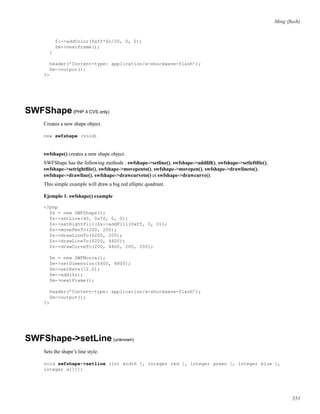 Ming (ﬂash)
$i->addColor(0xff*$n/20, 0, 0);
$m->nextFrame();
}
header(’Content-type: application/x-shockwave-flash’);
$m->output();
?>
SWFShape(PHP 4 CVS only)
Creates a new shape object.
new swfshape (void)
swfshape() creates a new shape object.
SWFShape has the following methods : swfshape->setline(), swfshape->addﬁll(), swfshape->setleftﬁle(),
swfshape->setrightﬁle(), swfshape->movepento(), swfshape->movepen(), swfshape->drawlineto(),
swfshape->drawline(), swfshape->drawcurveto() et swfshape->drawcurve().
This simple example will draw a big red elliptic quadrant.
Ejemplo 1. swfshape() example
<?php
$s = new SWFShape();
$s->setLine(40, 0x7f, 0, 0);
$s->setRightFill($s->addFill(0xff, 0, 0));
$s->movePenTo(200, 200);
$s->drawLineTo(6200, 200);
$s->drawLineTo(6200, 4600);
$s->drawCurveTo(200, 4600, 200, 200);
$m = new SWFMovie();
$m->setDimension(6400, 4800);
$m->setRate(12.0);
$m->add($s);
$m->nextFrame();
header(’Content-type: application/x-shockwave-flash’);
$m->output();
?>
SWFShape->setLine(unknown)
Sets the shape’s line style.
void swfshape->setline (int width [, integer red [, integer green [, integer blue [,
integer a]]]])
553
 