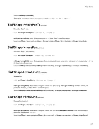 Ming (ﬂash)
See also swfshape->setleftﬁll().
Shortcut for swfshape->setrightfill($s->addfill($r, $g, $b [, $a]));.
SWFShape->movePenTo(unknown)
Moves the shape’s pen.
void swfshape->movepento (integer x, integer y)
swfshape->setrightﬁll() move the shape’s pen to (x,y) in the shape’s coordinate space.
See also swfshape->movepen(), swfshape->drawcurveto(), swfshape->drawlineto() et swfshape->drawline().
SWFShape->movePen(unknown)
Moves the shape’s pen (relative).
void swfshape->movepen (integer dx, integer dy)
swfshape->setrightﬁll() move the shape’s pen from coordinates (current x,current y) to (current x + dx, current y + dy) in
the shape’s coordinate space.
See also swfshape->movepento(), swfshape->drawcurveto(), swfshape->drawlineto() et swfshape->drawline().
SWFShape->drawLineTo(unknown)
Draws a line.
void swfshape->drawlineto (integer x, integer y)
swfshape->setrightﬁll() draws a line (using the current line style, set by swfshape->setline()) from the current pen
position to point (x,y) in the shape’s coordinate space.
See also swfshape->movepento(), swfshape->drawcurveto(), swfshape->movepen() et swfshape->drawline().
SWFShape->drawLine(unknown)
Draws a line (relative).
void swfshape->drawline (integer dx, integer dy)
swfshape->setrightﬁll() draws a line (using the current line style set by swfshape->setline()) from the current pen
position to displacement (dx,dy).
See also swfshape->movepento(), swfshape->drawcurveto(), swfshape->movepen() et swfshape->drawlineto().
557
 