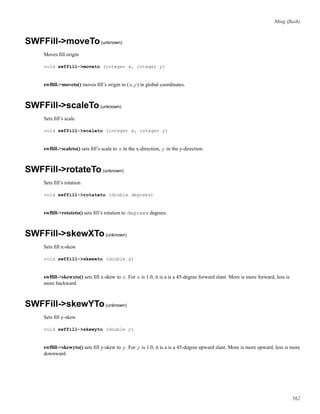 Ming (ﬂash)
SWFFill->moveTo(unknown)
Moves ﬁll origin
void swffill->moveto (integer x, integer y)
swfﬁll->moveto() moves ﬁll’s origin to (x,y) in global coordinates.
SWFFill->scaleTo(unknown)
Sets ﬁll’s scale
void swffill->scaleto (integer x, integer y)
swfﬁll->scaleto() sets ﬁll’s scale to x in the x-direction, y in the y-direction.
SWFFill->rotateTo(unknown)
Sets ﬁll’s rotation
void swffill->rotateto (double degrees)
swfﬁll->rotateto() sets ﬁll’s rotation to degrees degrees.
SWFFill->skewXTo(unknown)
Sets ﬁll x-skew
void swffill->skewxto (double x)
swfﬁll->skewxto() sets ﬁll x-skew to x. For x is 1.0, it is a is a 45-degree forward slant. More is more forward, less is
more backward.
SWFFill->skewYTo(unknown)
Sets ﬁll y-skew
void swffill->skewyto (double y)
swfﬁll->skewyto() sets ﬁll y-skew to y. For y is 1.0, it is a is a 45-degree upward slant. More is more upward, less is more
downward.
562
 