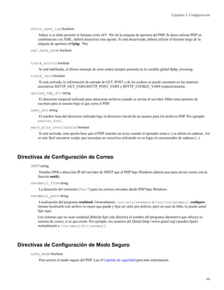 Capítulo 3. Conﬁguración
short_open_tag boolean
Indica si se debe permitir el formato corto (<? ?>) de la etiqueta de apertura del PHP. Si desea utilizar PHP en
combinación con XML, deberá desactivar esta opción. Si está desactivada, deberá utilizar el formato largo de la
etiqueta de apertura (<?php ?>).
sql.safe_mode boolean
track_errors boolean
Si está habilitada, el último mensaje de error estará siempre presente en la variable global $php_errormsg.
track_vars boolean
Si está activada, la información de entrada de GET, POST y de las cookies se puede encontrar en las matrices
asociativas $HTTP_GET_VARS,$HTTP_POST_VARS y $HTTP_COOKIE_VARS respectivamente.
upload_tmp_dir string
El directorio temporal utilizado para almacenar archivos cuando se envían al servidor. Debe tener permiso de
escritura para el usuario bajo el que corra el PHP.
user_dir string
El nombre base del directorio utilizado bajo el directorio inicial de un usuario para los archivos PHP. Por ejemplo:
paginas_html.
warn_plus_overloading boolean
Si está activada, esta opción hace que el PHP muestre un aviso cuando el operador suma (+) se utiliza en cadenas. Así
es más fácil encontrar scripts que necesitan ser reescritos utilizando en su lugar el concatenador de cadenas (.).
Directivas de Conﬁguración de Correo
SMTP string
Nombre DNS o dirección IP del servidor de SMTP que el PHP bajo Windows deberá usar para enviar correo con la
función mail().
sendmail_from string
La dirección del remitente ("De:") para los correos enviados desde PHP bajo Windows.
sendmail_path string
Localización del programa sendmail. Generalmente /usr/sbin/sendmail o /usr/lib/sendmail. conﬁgure
intenta localizarle este archivo lo mejor que puede y ﬁjar un valor por defecto, pero en caso de fallo, lo puede usted
ﬁjar aquí.
Los sistemas que no usan sendmail deberán ﬁjar esta directiva al nombre del programa alternativo que ofrezca su
sistema de correo, si es que existe. Por ejemplo, los usuarios del Qmail (http://www.qmail.org/) pueden ﬁjarlo
normalmente a /var/qmail/bin/sendmail.
Directivas de Conﬁguración de Modo Seguro
safe_mode boolean
Para activar el modo seguro del PHP. Lea el Capítulo de seguridad para más información.
66
 