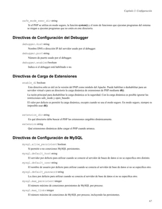 Capítulo 3. Conﬁguración
safe_mode_exec_dir string
Si el PHP se utiliza en modo seguro, la función system() y el resto de funciones que ejecutan programas del sistema
se niegan a ejecutar programas que no estén en este directorio.
Directivas de Conﬁguración del Debugger
debugger.host string
Nombre DNS o dirección IP del servidor usado por el debugger.
debugger.port string
Número de puerto usado por el debugger.
debugger.enabled boolean
Indica si el debugger está habilitado o no.
Directivas de Carga de Extensiones
enable_dl boolean
Esta directiva sólo es útil en la versión del PHP como módulo del Apache. Puede habilitar o deshabilitar para un
servidor virtual o para un directorio la carga dinámica de extensiones de PHP mediante dl().
La razón principal para deshabilitar la carga dinámica es la seguridad. Con la carga dinámica es posible ignorar las
restricciones safe_mode y open_basedir.
El valor por defecto es permitir la carga dinámica, excepto cuando se usa el modo seguro. En modo seguro, siempre es
imposible usar dl().
extension_dir string
En qué directorio debe buscar el PHP las extensiones cargables dinámicamente.
extension string
Qué extensiones dinámicas debe cargar el PHP cuando arranca.
Directivas de Conﬁguración de MySQL
mysql.allow_persistent boolean
Si permitir o no conexiones MySQL persistentes.
mysql.default_host string
El servidor por defecto para utilizar cuando se conecte al servidor de bases de datos si no se especiﬁca otro distinto.
mysql.default_user string
El nombre de usuario por defecto para utilizar cuando se conecta al servidor de base de datos si no se especiﬁca otro.
mysql.default_password string
La clave por defecto para utilizar cuando se conecta al servidor de base de datos si no se especiﬁca otro.
mysql.max_persistent integer
El número máximo de conexiones persistentes de MySQL por proceso.
mysql.max_links integer
El número máximo de conexiones de MySQL por proceso, incluyendo las persistentes.
67
 